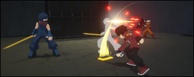 The hero slashing through ninjas in real-time combat