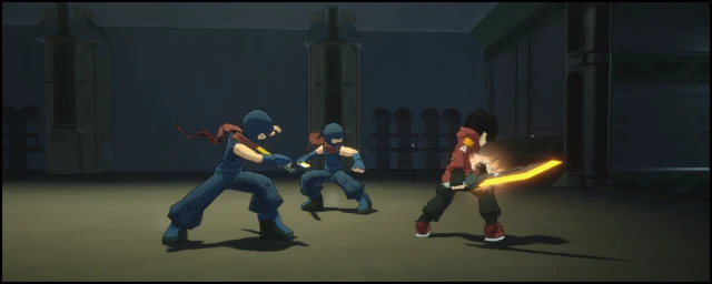 The hero facing two ninjas